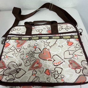 Le Sportsac computer messenger bag 11 x 15 hearts pink brown shoulder strap